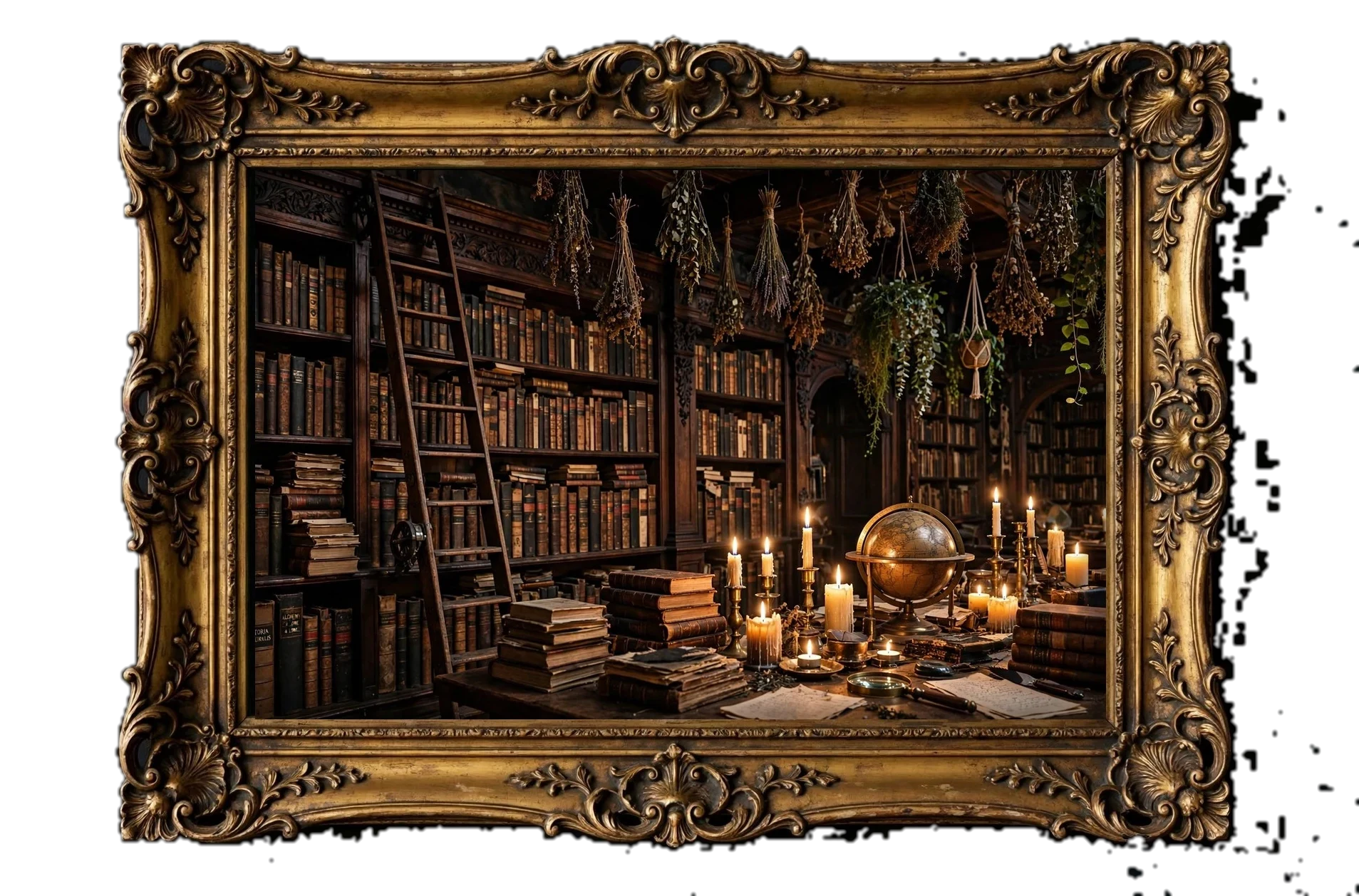 A candlelit old library in an ornate gold frame: towering bookshelves, a rolling ladder, hanging plants and dried herbs