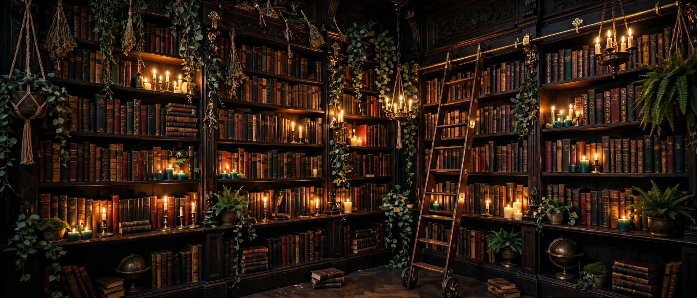 A candlelit old library: towering bookshelves, a rolling ladder, hanging plants and dried herbs