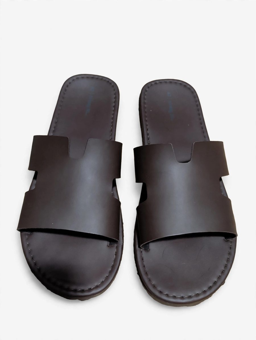 Dark brown H-style slide sandals