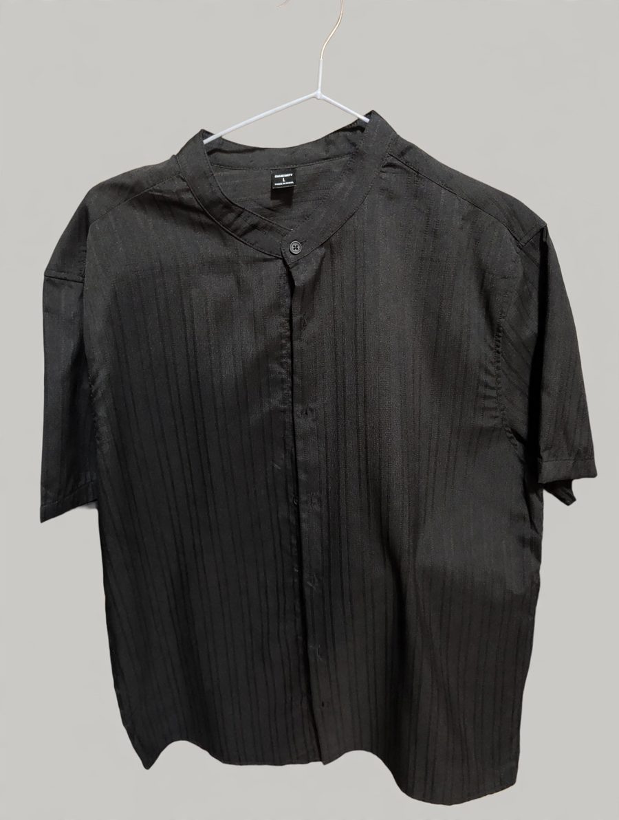Black pinstripe mandarin-collar button-up