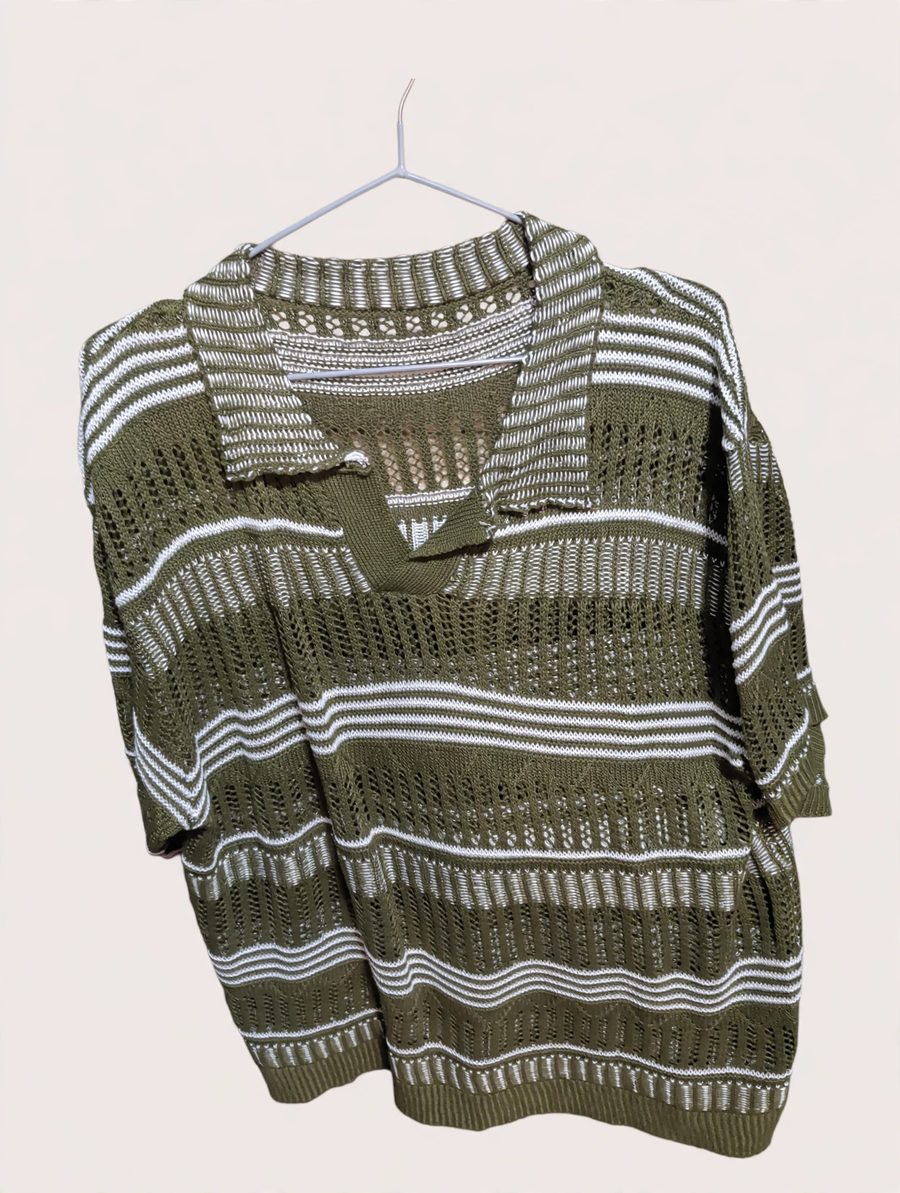 Olive and white striped open-knit collar shirt