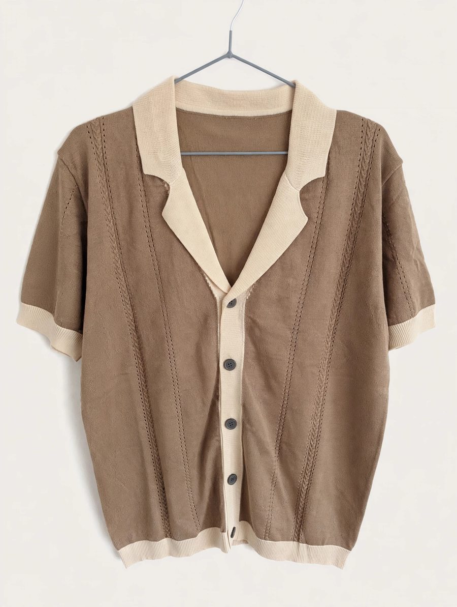 Tan knit open-collar button-up with cream trim