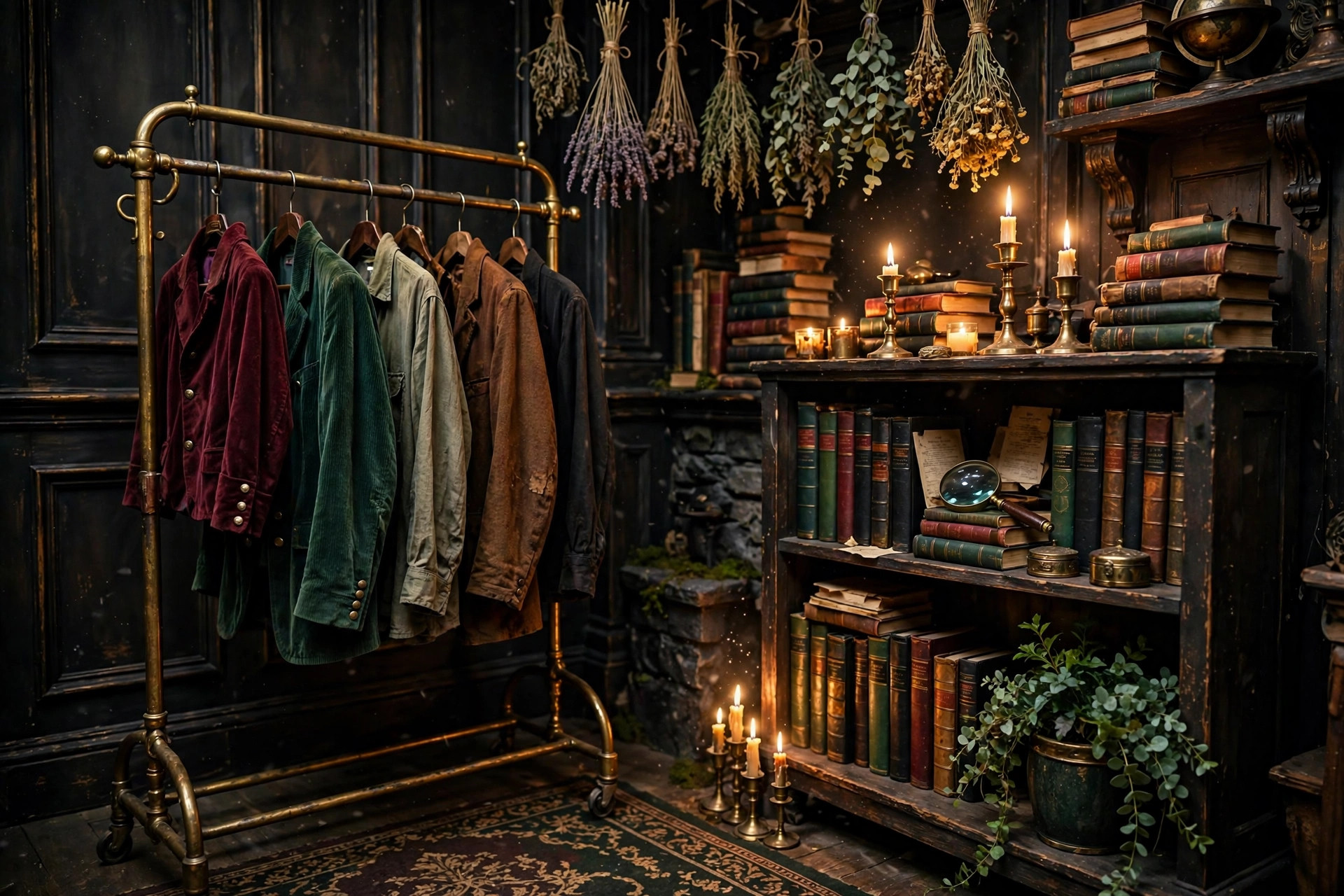 A brass clothing rack of secondhand jackets beside a bookshelf, with dried herbs and candles