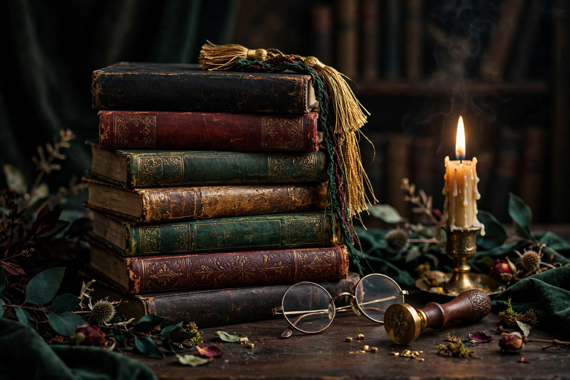 A stack of old books with a tasseled bookmark, spectacles, a wax seal and a lit candle