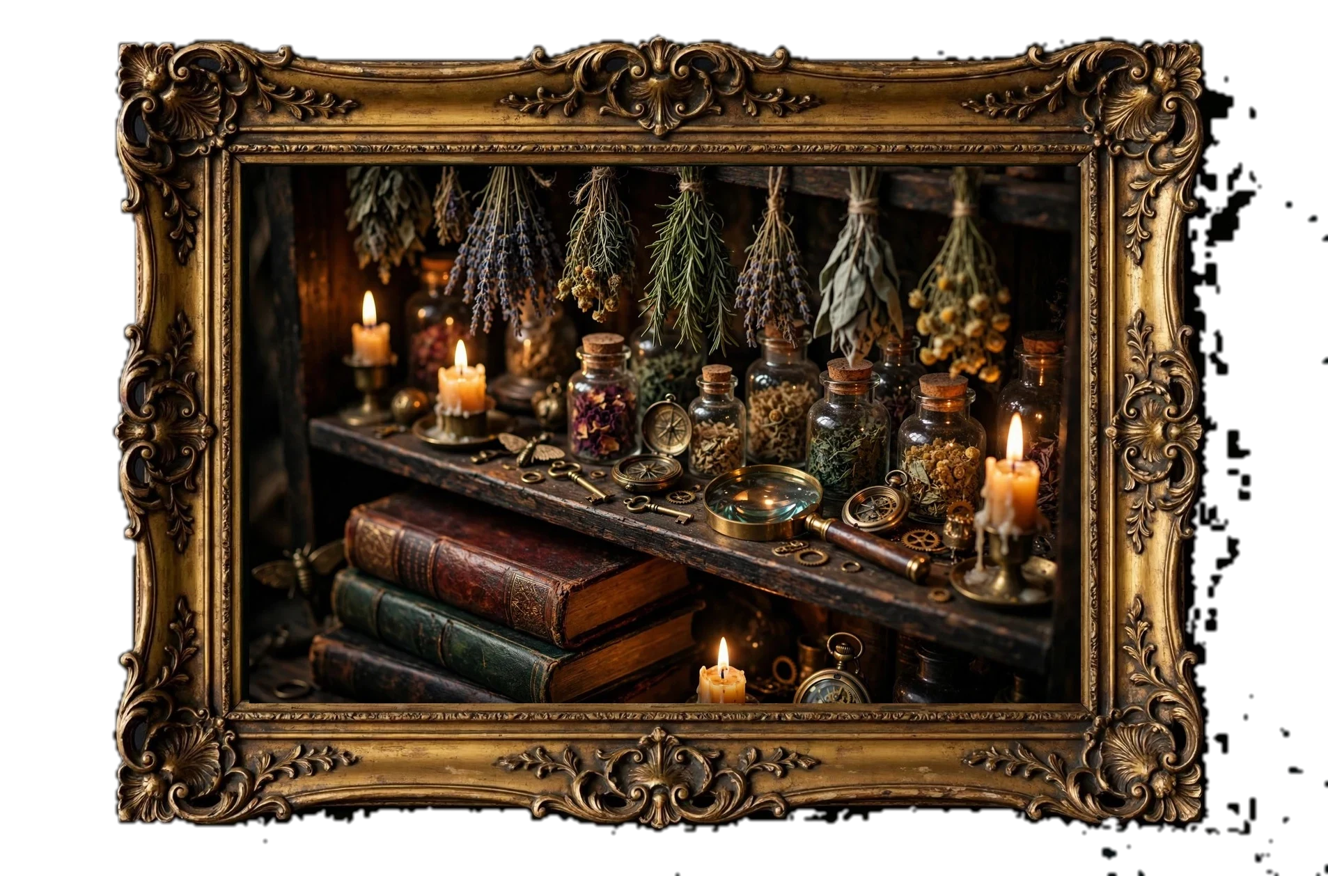 A library shelf with dried herbs, apothecary jars, brass trinkets, candles and old leather books, in an ornate gold frame